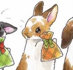 three rabbits wearing dresses and bow ties