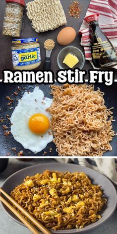 two pictures with different types of food on them and the words ramen stir fry