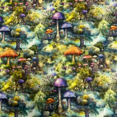 an image of colorful mushrooms and trees on a wallpaper background with watercolor paint