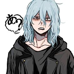 an anime character with blue hair wearing a black hoodie and a question bubble above his head