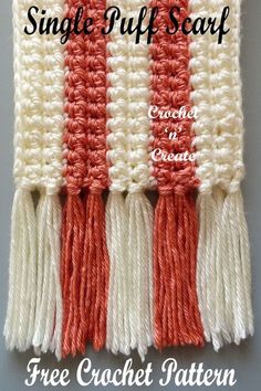 an orange and white crochet pattern with the words, single - ruff scarf