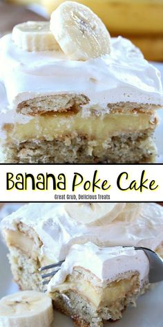 a banana poke cake with white frosting and sliced bananas on top, sitting on a plate