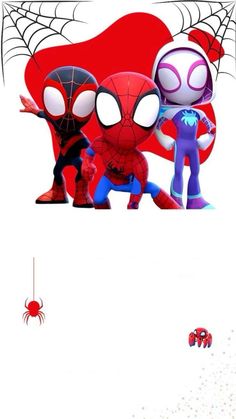 spider - man and his friends are standing in front of a red background