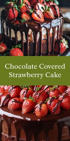 chocolate covered strawberry cake with fresh strawberries on top and the words, chocolate covered strawberry cake