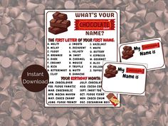 the chocolate name tags are shown on top of some candy beans, and there is also a printable label for them