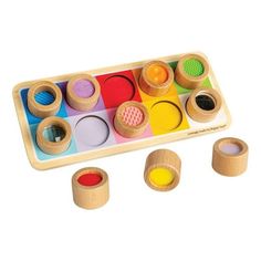 a wooden toy with different colors and shapes