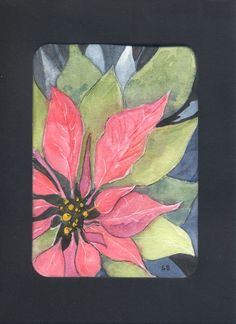 a painting of a pink flower with green leaves