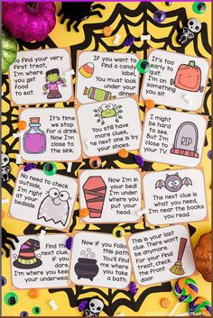 halloween themed cards with words and pictures on them