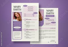 a purple and white resume template with an image of a woman's face on it