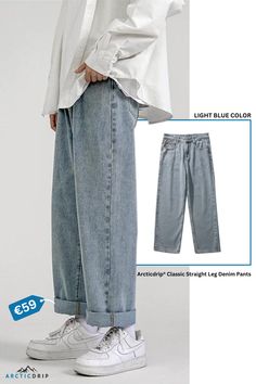 A pair of perfectly fitting straight-leg denim jeans pants. These pants are designed with a light blue color and have a casual look. Light Blue Denim Jeans, Pick 3, Urban Street Style