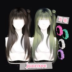 two wigs with different colored hair are shown