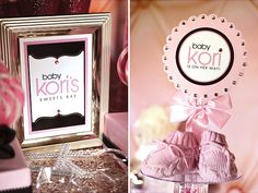 baby kori's sweets bar is decorated with pink and black items, including an ornament