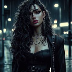 a woman with long black hair and piercings standing in the rain wearing a leather jacket