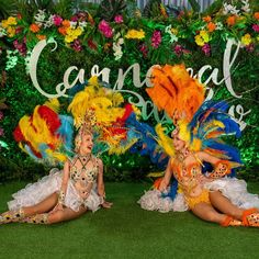 two women dressed in colorful costumes sitting on the grass next to a sign that says carnival days