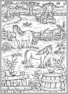 a coloring book page with horses in the background and barrels on the ground next to them