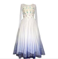 a white and blue ombreed dress on a mannequin headdress