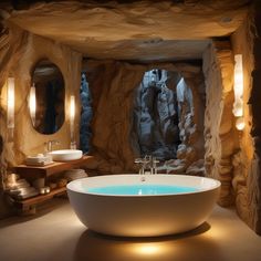 a large white bath tub sitting inside of a bathroom