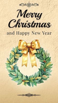 a merry christmas and happy new year card with a gold bow on the front, surrounded by greenery