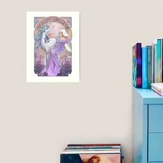 an art print on a wall next to a dresser and bookshelf filled with books