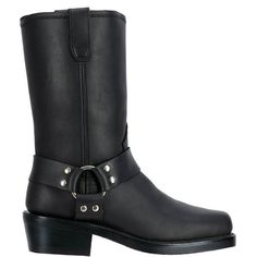 These fashionable leather womens cowboy boots from Dingo feature a 10" shaft, square toe, and neoprene outsole. Size: 7 M.  Color: Black.  Gender: female.  Age Group: adult. Dingo Boots, Boots Square Toe, Harness Boots, Leather Harness, Cowboy Boots Women, Black Boots Women, Motorcycle Boots, Moto Boots, Mid Calf Boots