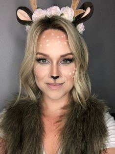 Women’s Deer Makeup, Reindeer Makeup Simple Kids, Deer Costume Women Makeup, Diy Deer Makeup, Diy Deer Face Makeup, Woman Deer Costume Diy, Ladies Deer Costume, Reh Make Up, Womens Deer Costume Diy