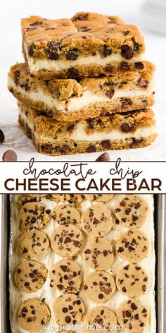 chocolate chip cheese cake bar in a pan with the title above it