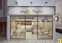 the front of a coffee shop with glass doors and windows that read, cafe & coffee