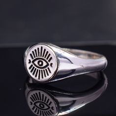 925 Sterling Silver, Evil Eye Silver Ring, Edgy Evil Eye of Horus Ring, Evil Eye Engraved Signet Ring, Dainty Evil Eye Ring, Christmas Gifts Description : Metal :- 925 Sterling Silver Item Name :-  Evil Eye Ring Handmade Items **Made to Order** Delivery Time :- Once Item is shipped parcel will delivered to you in 2-4 weeks. C U S T O M I Z E O R D E R  All jewelry are made with solid 925 sterling silver. If you want to make any changes in this jewelry, then please send us message. We accept custom order also. All jewelry are nickle free. Visit our shop : https://www.etsy.com/in-en/shop/MiharSilverCrafts Engraved Signet Ring, Evil Eye Ring, Agate Earrings, Eye Of Horus, Stacked Jewelry, Handcrafted Rings, Eye Ring, Handmade Rings, Rings Cool