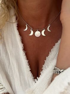 Phases Of The Moon Jewelry, Witch Accessories Jewelry, Bohemian Sterling Silver Moon Charm Necklace, White Moon-shaped Clavicle Necklace, Bohemian Sterling Silver Necklace With Moon Charm, White Sterling Silver Necklace With Moon Charm, White Moon Phase Necklace, Silver Half Moon Necklace In Bohemian Style, Bohemian Sterling Silver Moon Phase Necklace