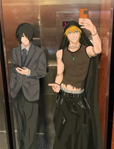 two anime characters standing next to each other in front of an elevator with their cell phones