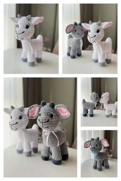 four different pictures of stuffed animals on a table