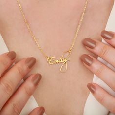 "Surprise your loved one with a truly special gift - the 14k Gold Emily Letter Necklace. This one-of-a-kind Deliciate Customized Special Name Pendant is the perfect statement piece for any occasion. Whether it's for your partner, your child, or your best friend, this personalized necklace is sure to be cherished for years to come. Hidden content is love designed by PortoFineJewelry 🧤 Handmade All products are carefully crafted special designs. Feature that distinguishes our store from general jewelry stores are especially personalized designs, colored gemstones and diamond rings that are available for special occasions such as weddings, engagements and birthdays. We make new designs by following the trends with modern touches and prepare our products with love just for you. ✦ITEM DETAILS✦ Mother's Day Signature Gold Jewelry, 14k Gold Signature Name Necklace As Gift, Signature 14k Gold Name Necklace Gift, Signature Jewelry With Name For Gift, 14k Gold Signature Jewelry Gift, 14k Gold Signature Jewelry As Gift, Signature 14k Gold Jewelry As Gift, Signature 14k Gold Jewelry Gift, Custom Name Yellow Gold Necklace As Gift