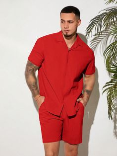 Men Loose Fit Cotton Solid Color Button-Up Shirt & Drawstring Waist Shorts Set Red Casual  Short Sleeve Woven Fabric Plain  Non-Stretch Summer Men Clothing, size features are:Bust: ,Length: ,Sleeve Length: Natal Outfit, Outfit Cowo, Vacation Outfits Men, White Pants Outfit, Pants Outfit Men, Outfit Christmas, Drawstring Waist Shorts, Men's Korean Style, Red Outfit