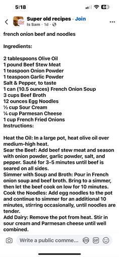 an iphone screen showing the recipe for french onion oil and noodle soup, which is on