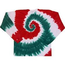 three red, white and green tie - dye shirts with spiral designs on them are shown