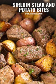 steak and potatoes in a skillet with text overlay