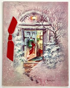 a painting of an open door with a red bow on it's side and snow covered trees in the background