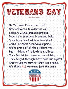 a veterans day poem written in red, white and blue