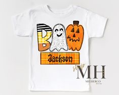 Personalized Boo Ghost Shirt, Custom Boy Halloween T-shirt, Kids Ghost Pumpkin Shirt, Boys Kids Toddler Halloween Tee, Gift For Kids Design is machine printed onto the shirt. The design is soft to touch. Shirts use to print are Premium quality brand. See picture for measurements & details. Kids Unisex T-Shirt/Long sleeve & Baby Bodysuit size 3-6M & above -4.2 oz., 100 % combed and ring spun cotton. Light weight and soft. Baby body suits -Newborn & 0-3M is organic 100% cotton rib fabric & super s Boy Halloween, Body Suits, Boo Ghost, Rib Fabric, Toddler Halloween, Halloween Boys, Ghost Shirt, Ghost Pumpkin, Pumpkin Shirt