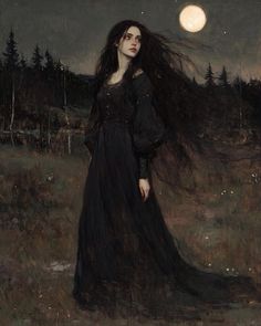 a painting of a woman with long hair standing in a field at night under a full moon