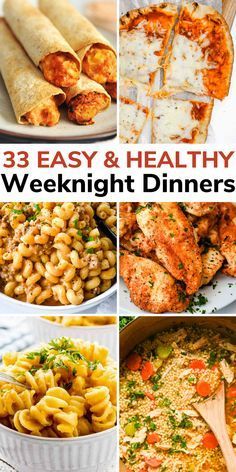 the cover of 39 easy and healthy weeknight dinneres with images of different dishes