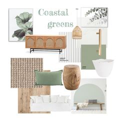 a collage of green and white furniture, pillows, rugs, wall art