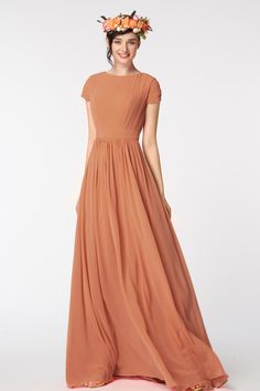 Modest Burnt Orange Bridesmaid Dresses Cap Sleeves Fitted Floor-length Bridesmaid Dress For Spring, Spring Fitted Floor-length Bridesmaid Dress, Fitted Short Sleeve Maxi Bridesmaid Dress, Fitted Short Sleeve Maxi Dress For Bridesmaids, Solid Pleated Prom Dress, Solid Pleated Dress For Prom, Fitted Chiffon Dress In Solid Color, Solid Pleated Wedding Dress, Solid Color Pleated Wedding Dress