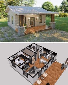 two different views of a small house with an open floor plan and living room in the middle