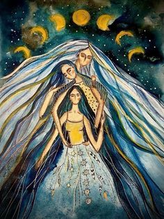 a painting of three people standing in front of the moon with their arms around each other