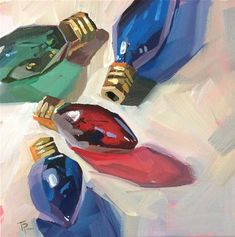 an oil painting of blue, red and green perfume bottles on a white surface with gold accents