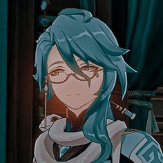 an anime character with blue hair and glasses holding a pipe in her hand while looking at the camera