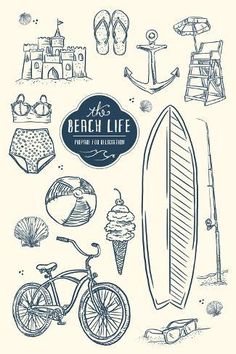 an illustration of beach life with surfboard, sunbath and other things in the background