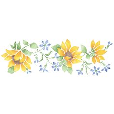 Sunflower and Small Flowers Wall Stencil Border Sunflower Wall Painting Ideas, Vine Stencil, Wall Stencil Border, Flower Wall Stencil, Floral Stencils, Painting On Walls, Sunflower Stencil, Shabby Chic Stencils, Clean Art