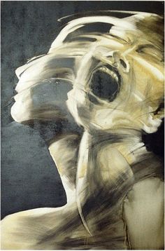 an abstract painting of a woman's face with her mouth open